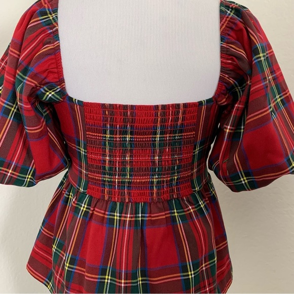 Francesca’s Plaid Peplum Smocked Puff Sleeve Top Sz S Red Holiday Short Sleeve - Picture 17 of 17
